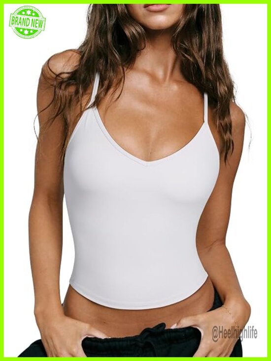 Tops - Racerback Workout Top with Built-in Bra Open Back V Neck Longline Sports Bra